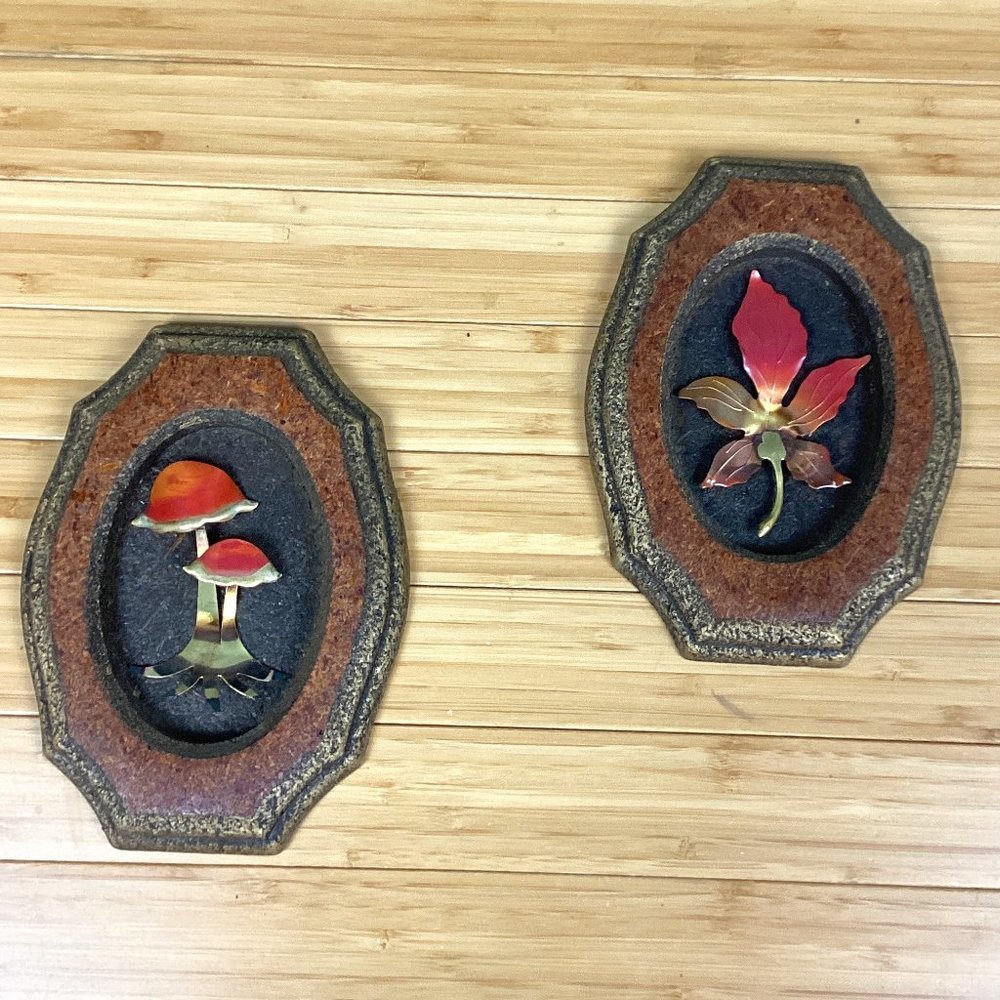 Metal Leaf & Mushroom Wooden Framed Wall Hanging